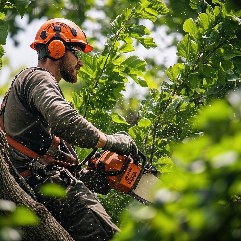 Arboriste équipé d'un casque PROTOS INTEGRAL, de lunettes et d'une tronçonneuse STIHL, élague une branche, sciure volante.
