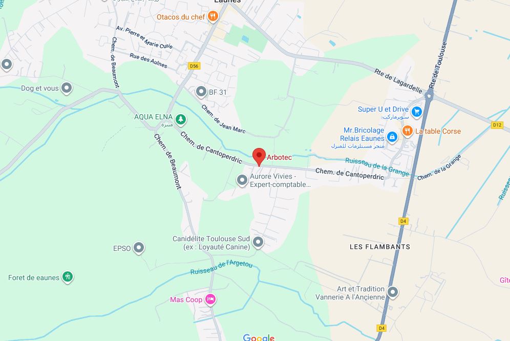 Carte Eaunes : Super U, Mr Bricolage, routes D4 D12 Carte Google Maps d'Eaunes, montrant des commerces comme Super U, Mr. Bricolage, La table Corse, Arbotec, et les routes D4, D12.