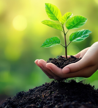 Croissance, Nature : Une Jeune Plante Entre des Mains Soignantes Petite plante verte fraîchement plantée dans les mains d'une personne, sur un lit de terre riche, avec un arrière-plan naturel flou et lumineux.