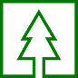 Icône minimaliste d'un sapin vert stylisé, tracé en contour sur fond noir, encadré d'un carré vert. Symbole de nature ou forêt.